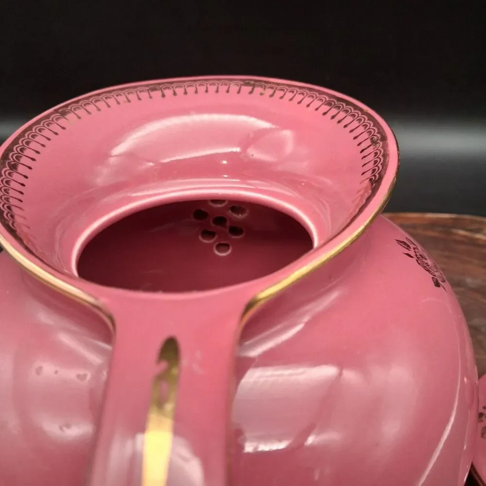 Vintage Hall China Windshield Teapot 6 Cup Orchid Pink Mauve Gold Roses 0691